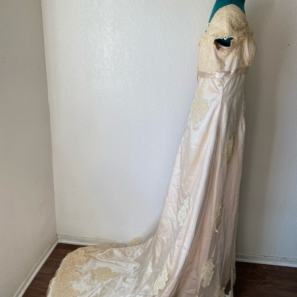 SOLD Champagne Gold Long Satin Pearl Wedding Dress - Picture 5 of 8